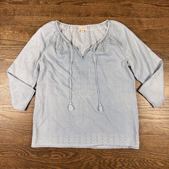 J Jill Denim Shirt Womens XS Light Blue Chambray Embroidered Boho Tassel Tunic - Picture 1 of 9
